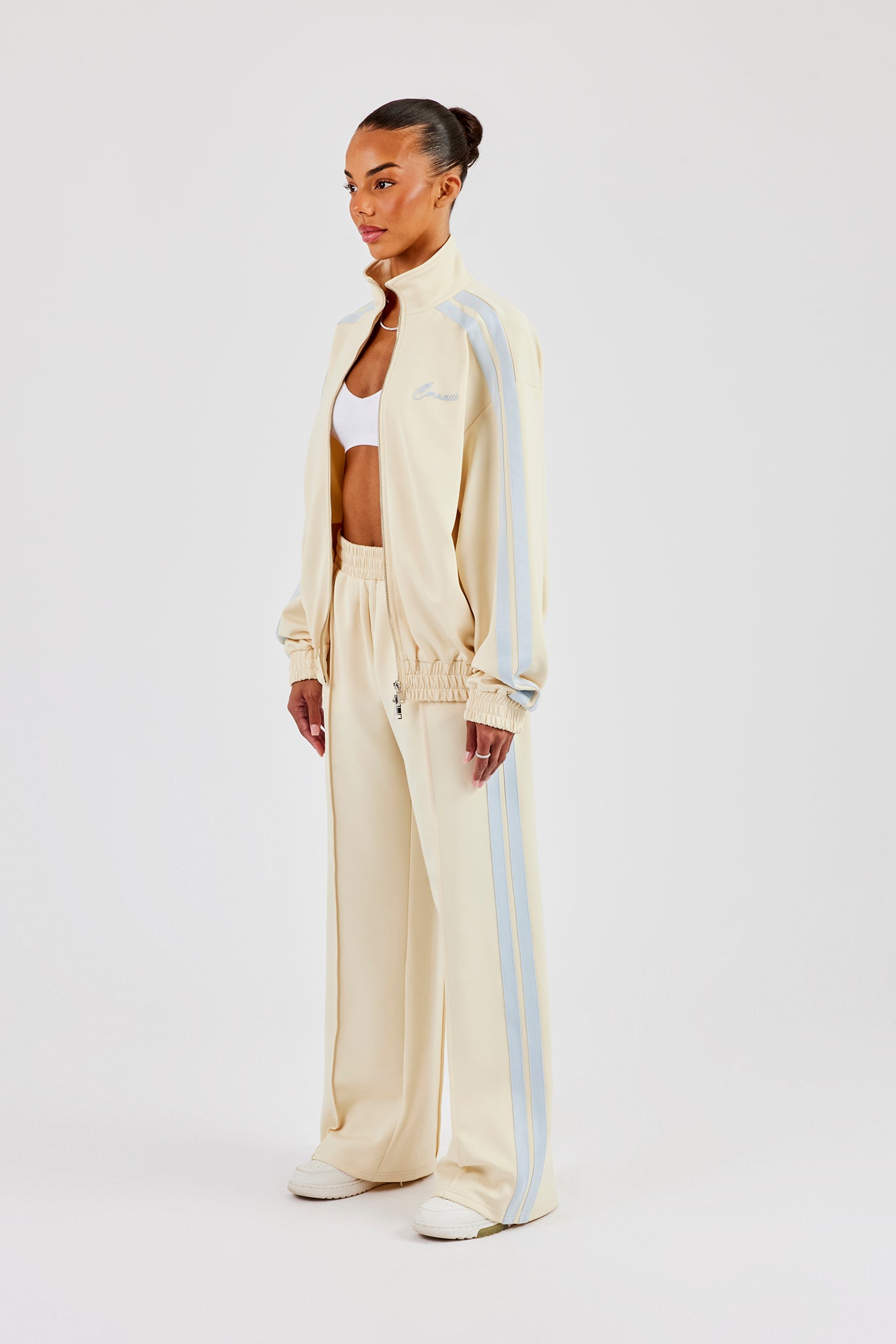 Funnel Neck Taping Zip Through Track Jacket & Wide Leg Pant - Butter Yellow