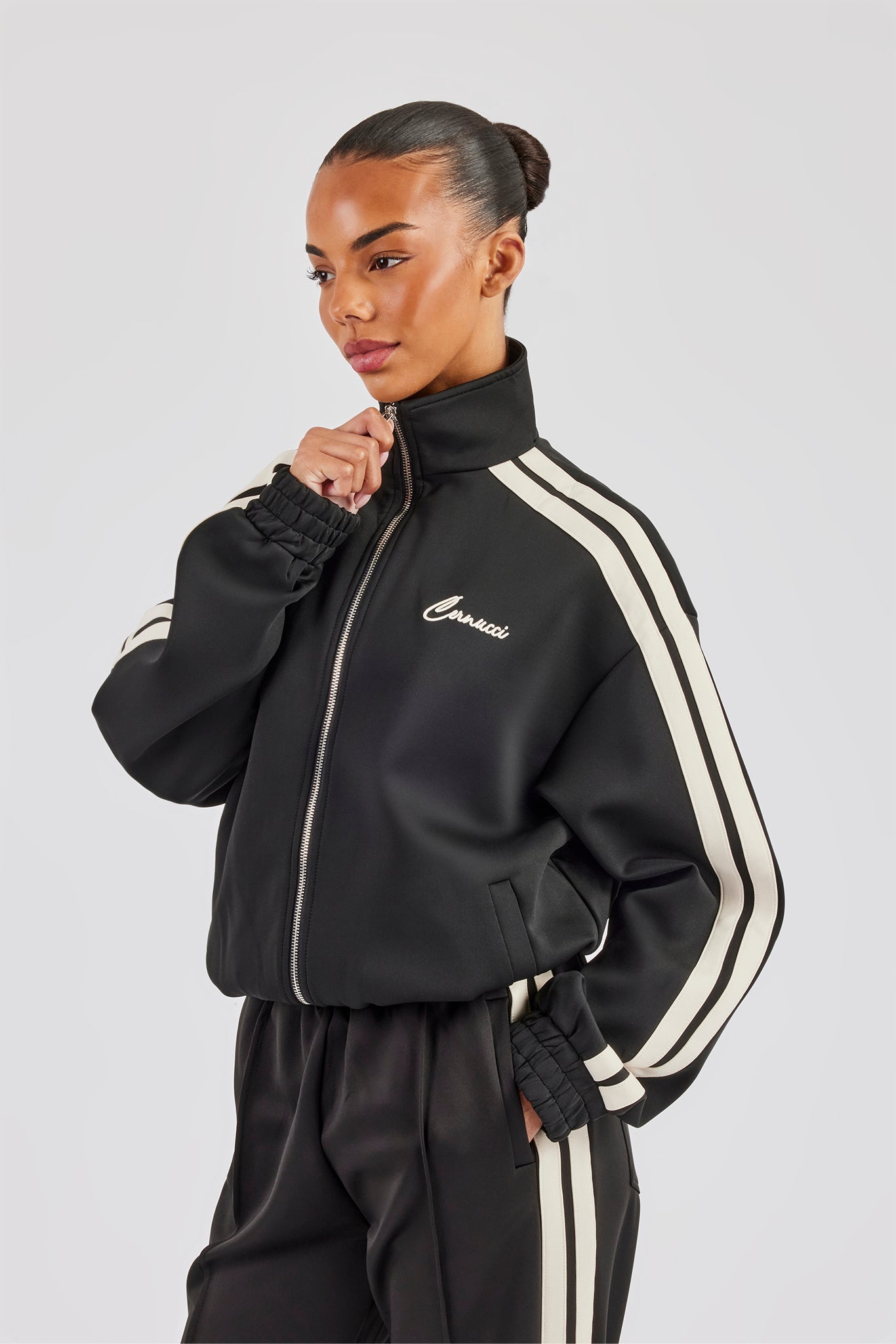 Funnel Neck Taping Zip Through Track Jacket - Black