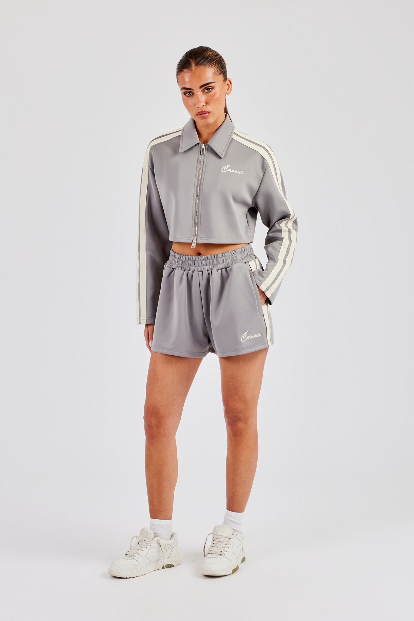 【OMMO】WIDE TAPE SHORT BOLERO／グレー Cropped Harrington Taping Jacket & Shorts - Grey | Womens Sets
