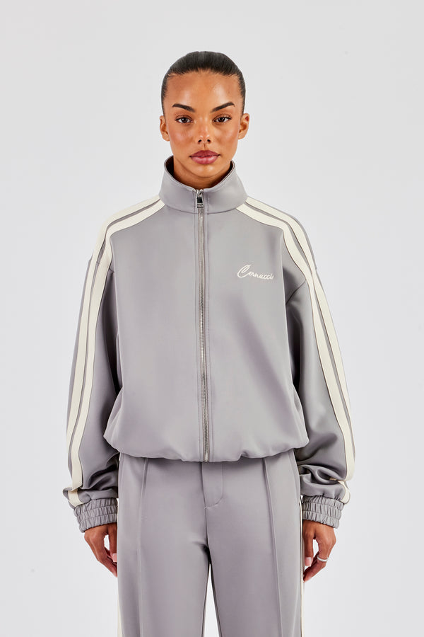 Funnel Neck Taping Zip Through Track Jacket - Grey