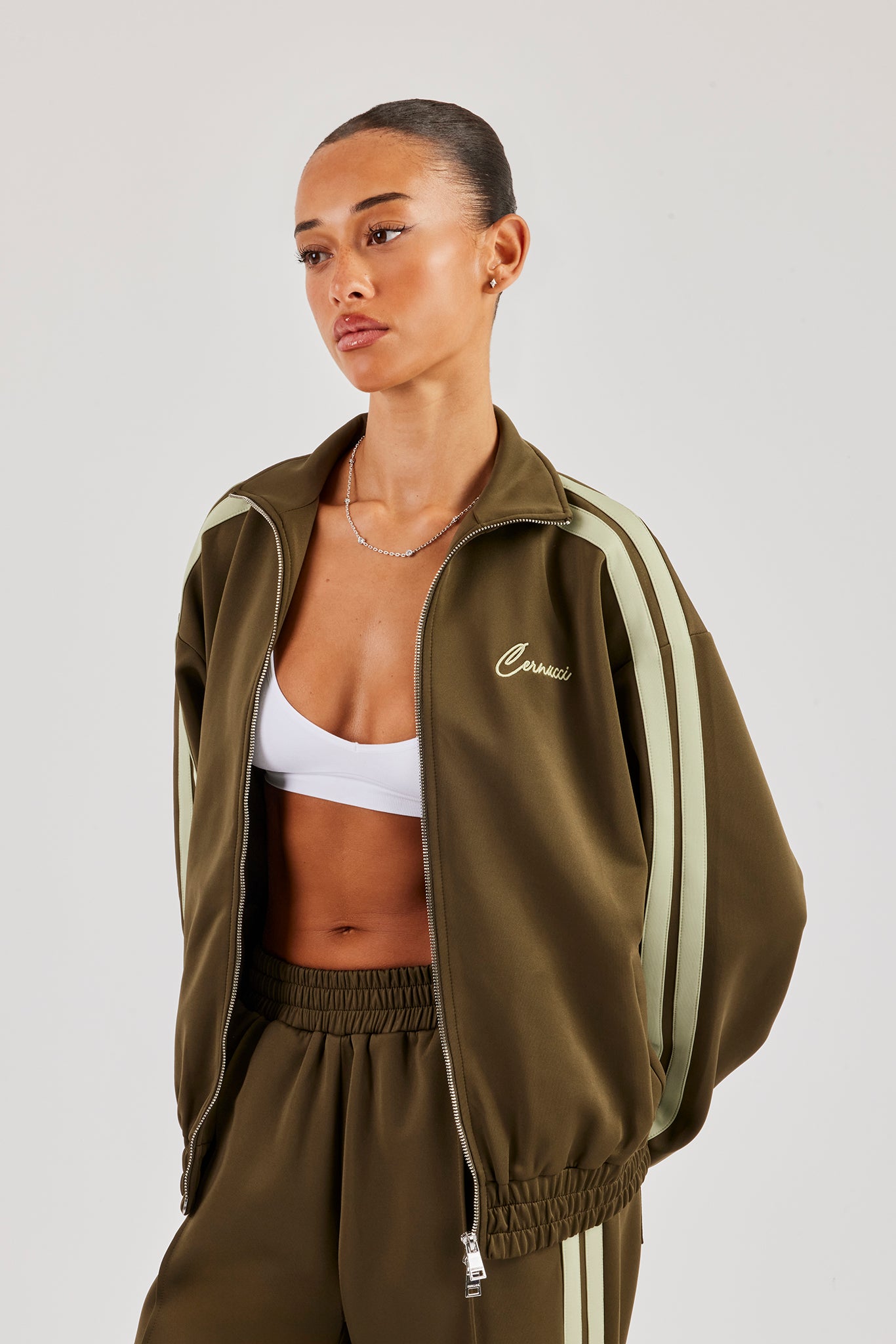 Funnel Neck Taping Zip Through Track Jacket - Khaki | Womens