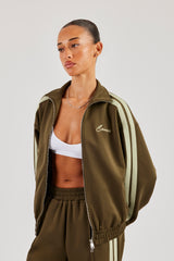 Funnel Neck Taping Zip Through Track Jacket - Khaki