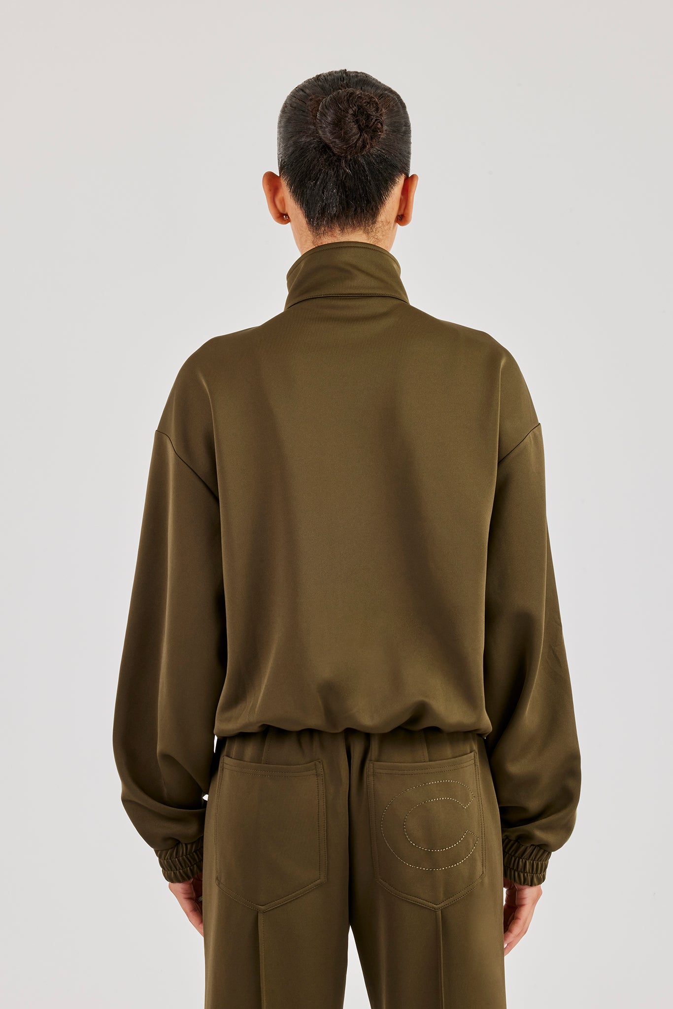 Funnel Neck Taping Zip Through Track Jacket - Khaki