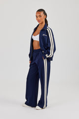 Funnel Neck Taping Zip Through Track Jacket & Wide Leg Pant - Navy Blue
