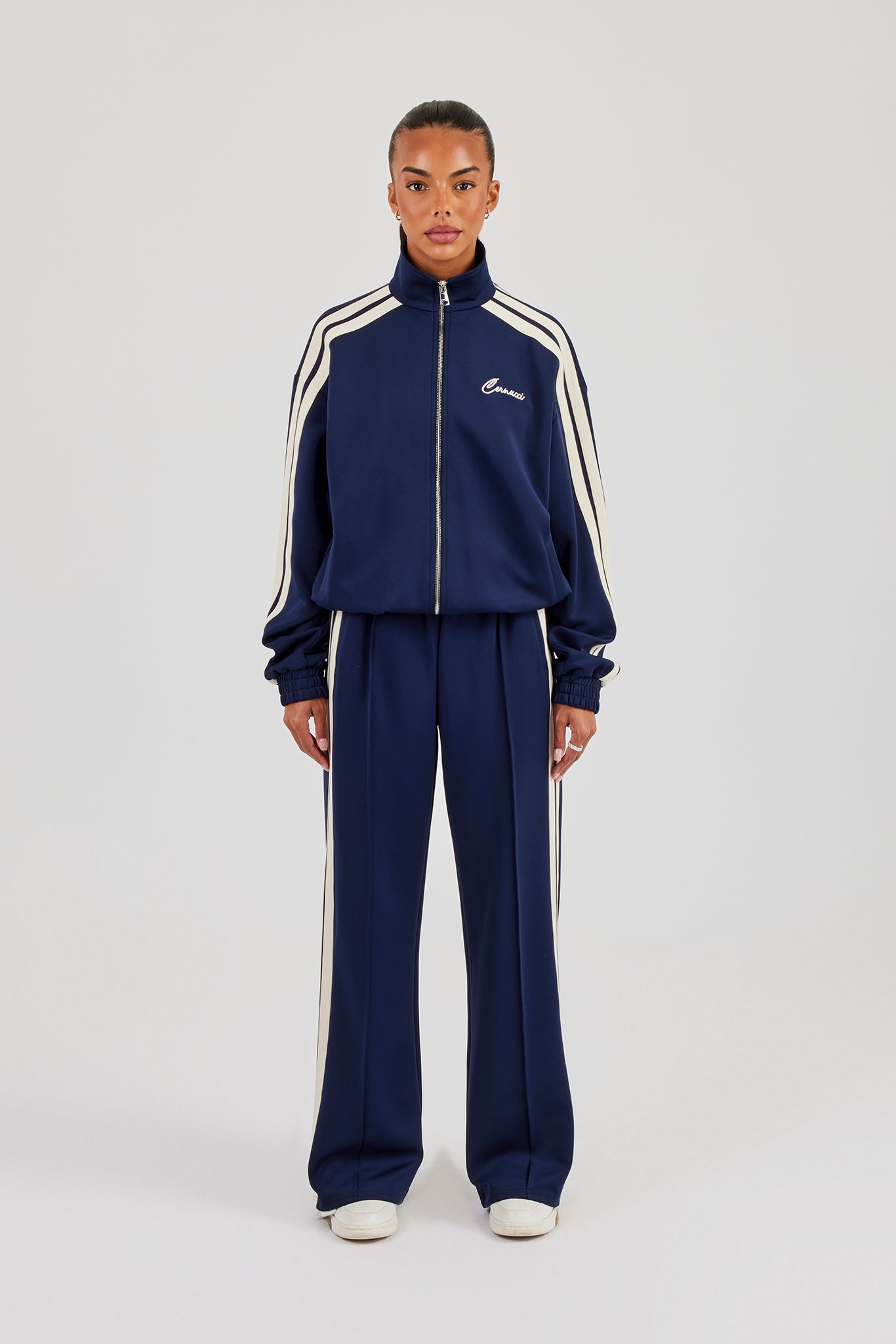 Funnel Neck Taping Zip Through Track Jacket & Wide Leg Pant - Navy Blue