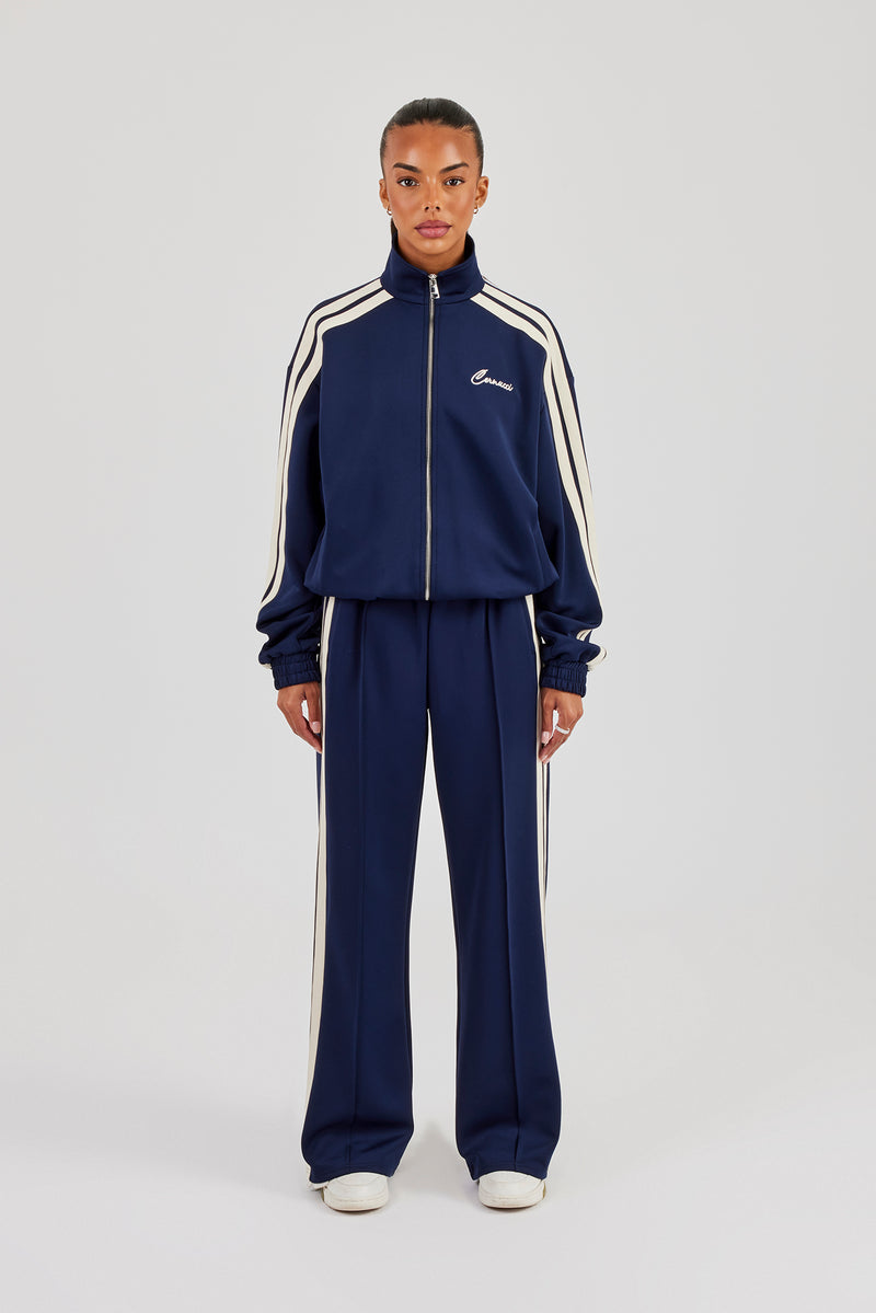 Funnel Neck Taping Zip Through Track Jacket & Wide Leg Pant - Navy Blue