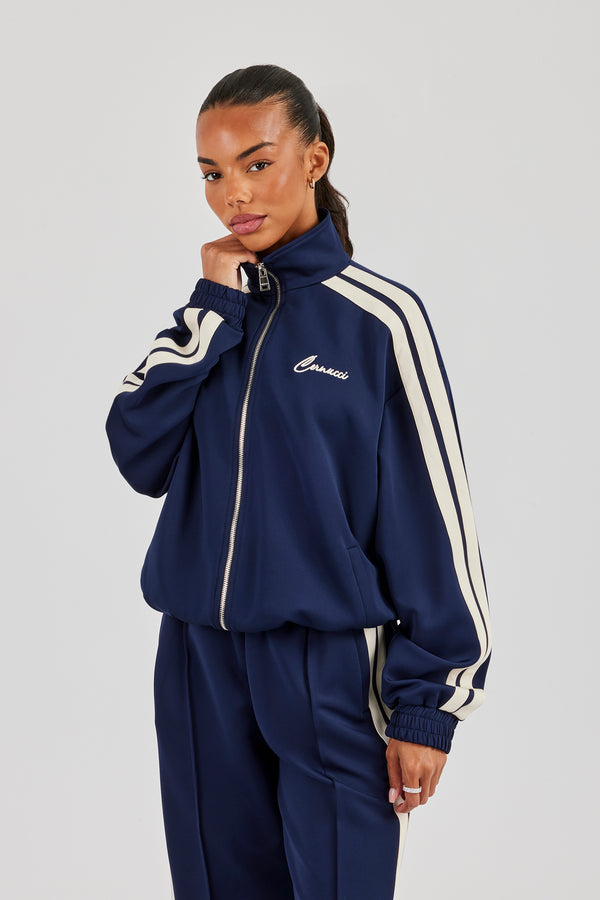 Funnel Neck Taping Zip Through Track Jacket - Navy Blue