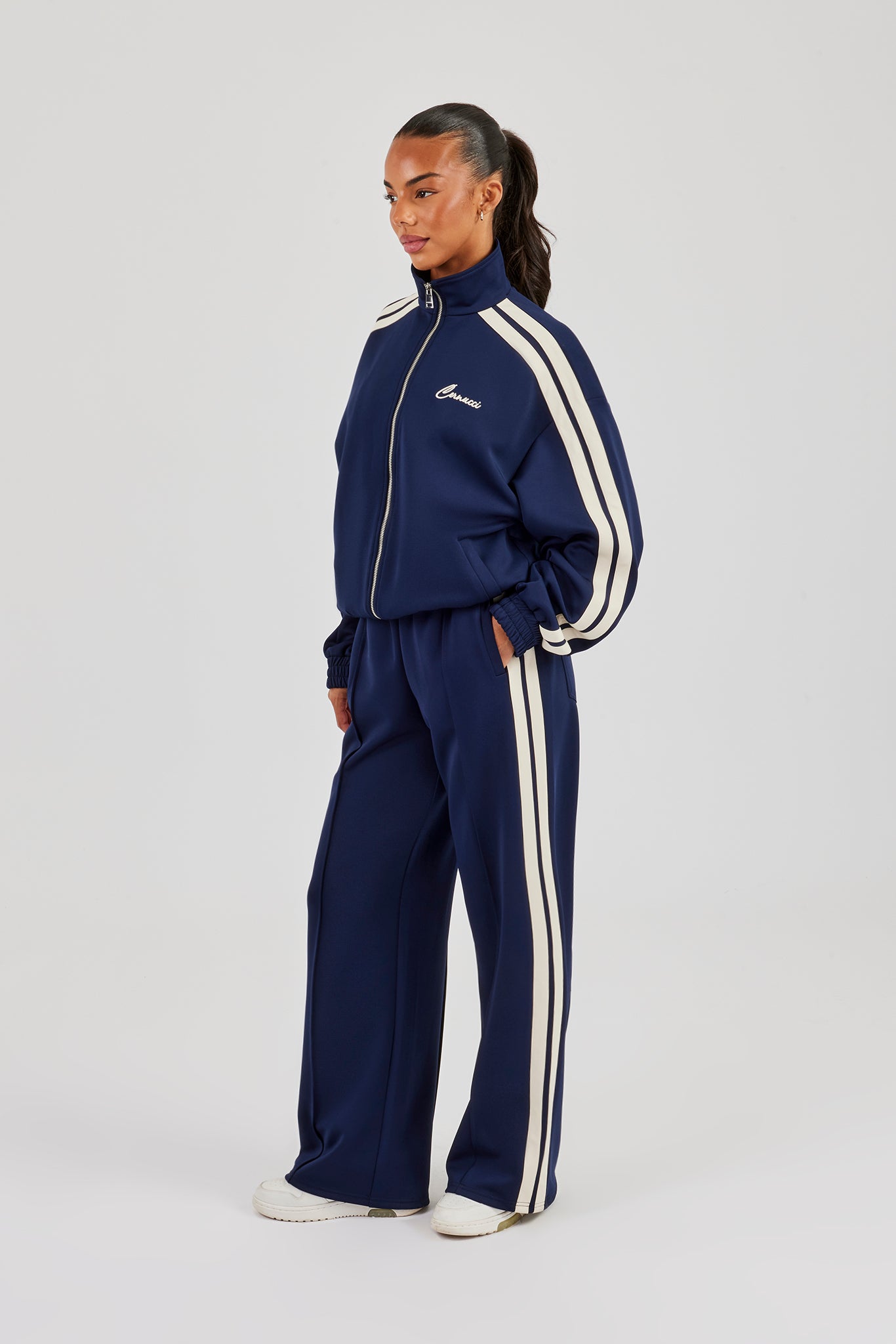 Funnel Neck Taping Zip Through Track Jacket & Wide Leg Pant - Navy Blue
