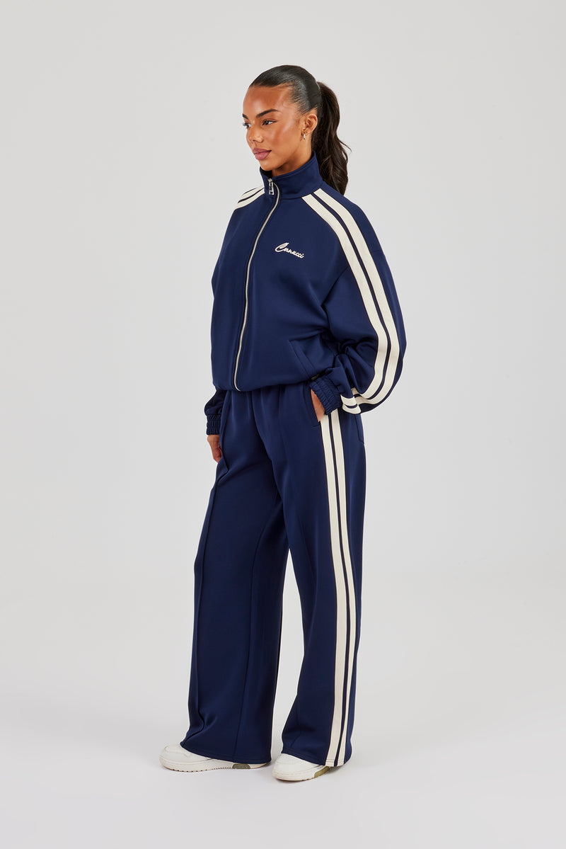 Funnel Neck Taping Zip Through Track Jacket & Wide Leg Pant - Navy Blue