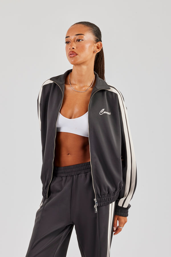 Funnel Neck Taping Zip Through Track Jacket - Charcoal