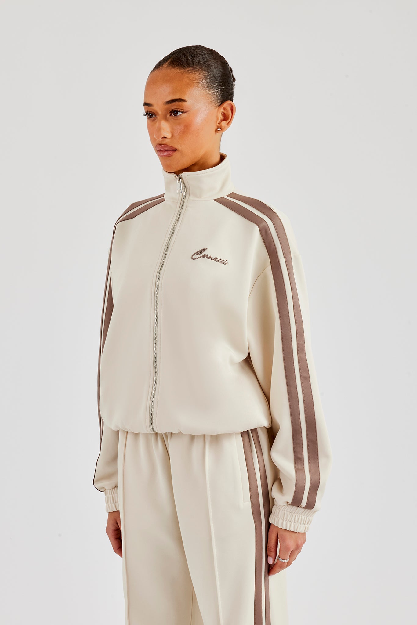 Funnel Neck Taupe Taping Zip Through Jacket - Off White