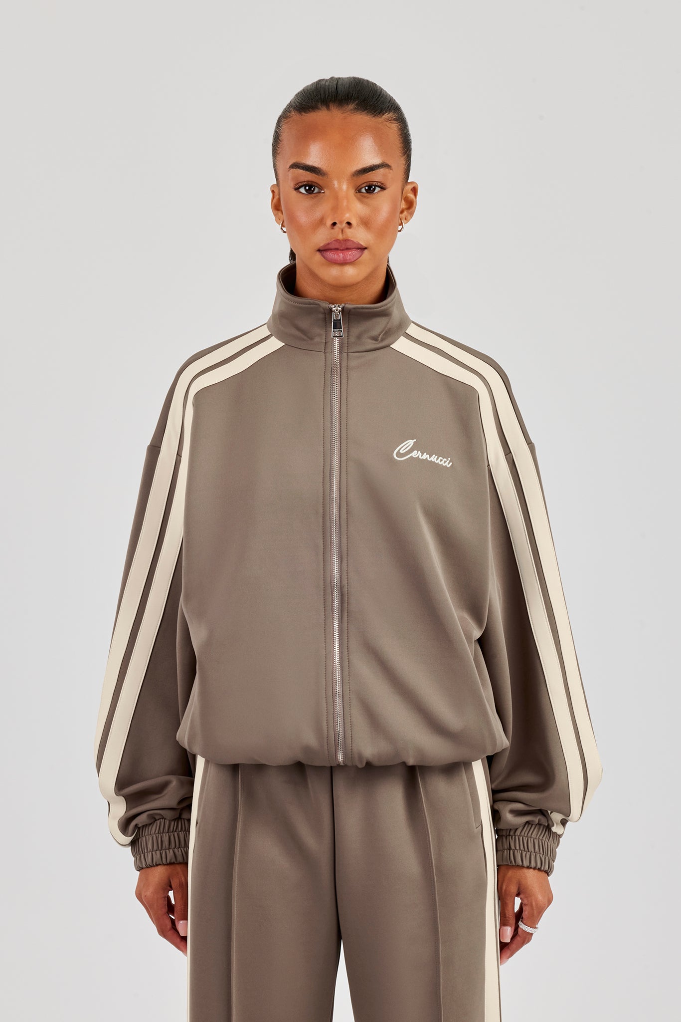 Funnel Neck Taping Zip Through Track Jacket - Taupe