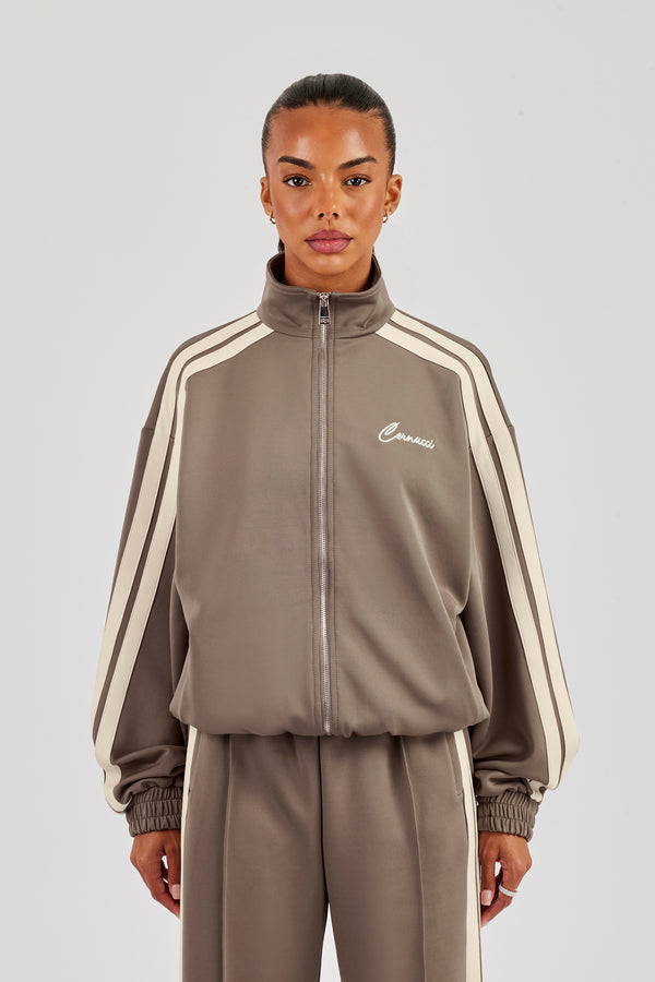 Funnel Neck Taping Zip Through Track Jacket - Taupe