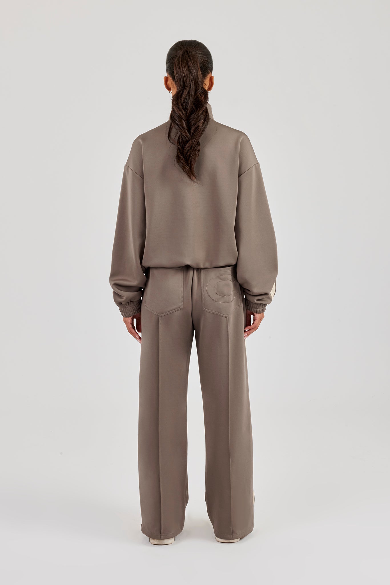 Funnel Neck Taping Zip Through Track Jacket & Wide Leg Pant - Taupe