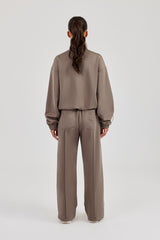 Funnel Neck Taping Zip Through Track Jacket & Wide Leg Pant - Taupe