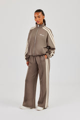 Funnel Neck Taping Zip Through Track Jacket & Wide Leg Pant - Taupe