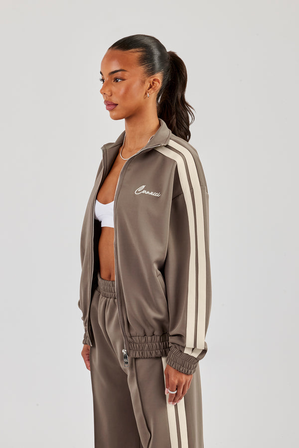 Funnel Neck Taping Zip Through Track Jacket - Taupe