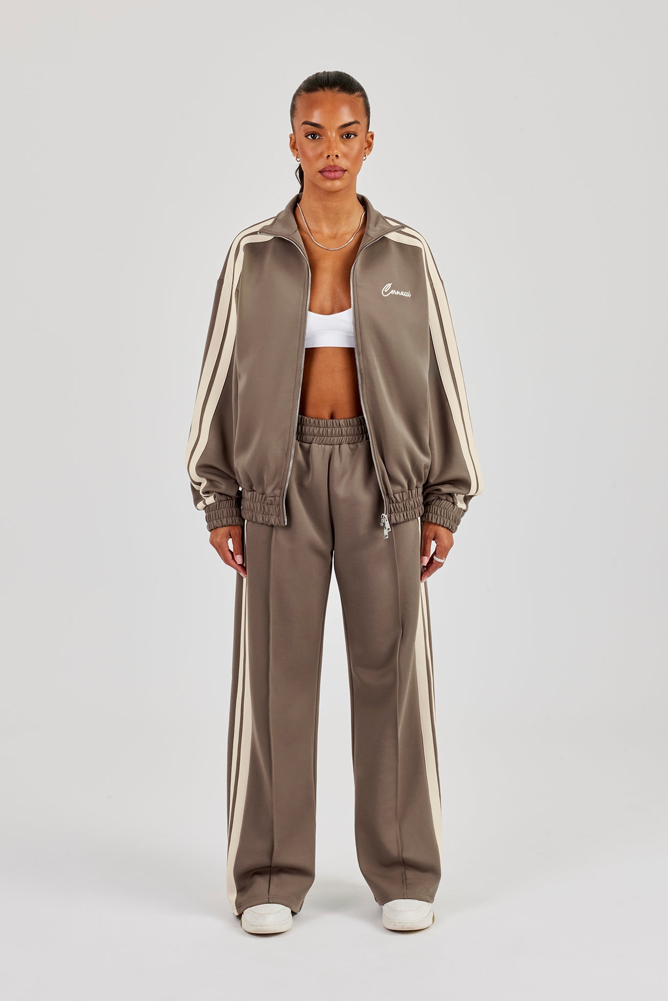 Funnel Neck Taping Zip Through Track Jacket & Wide Leg Pant - Taupe