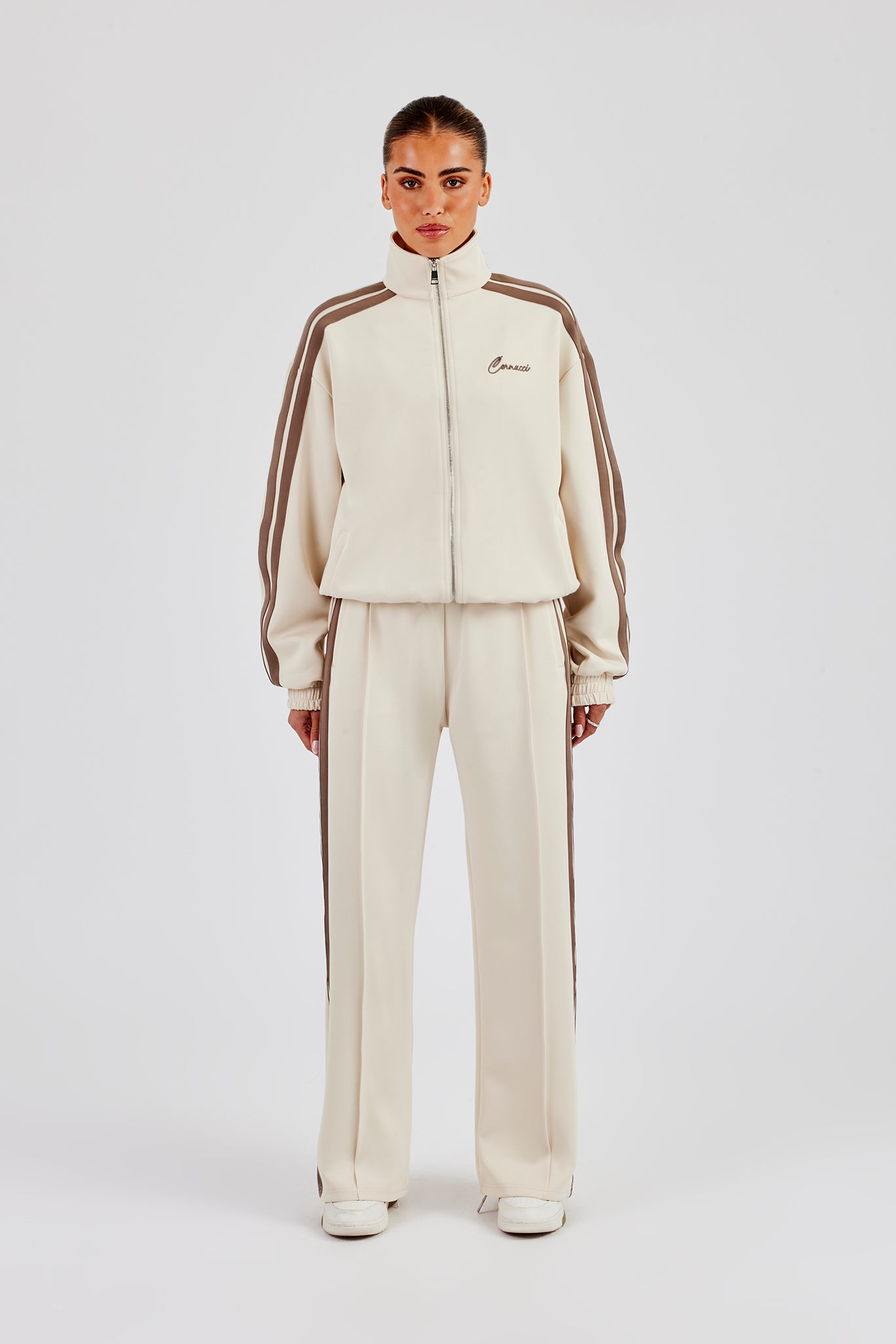 Funnel Neck Taupe Taping Zip Through Track Jacket & Wide Leg Pant - Off White