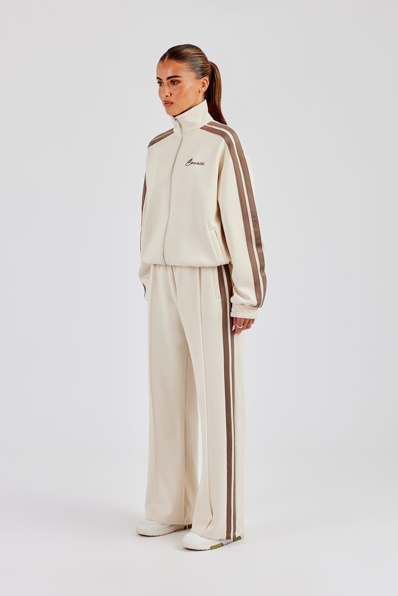 Funnel Neck Taupe Taping Zip Through Track Jacket & Wide Leg Pant - Off White