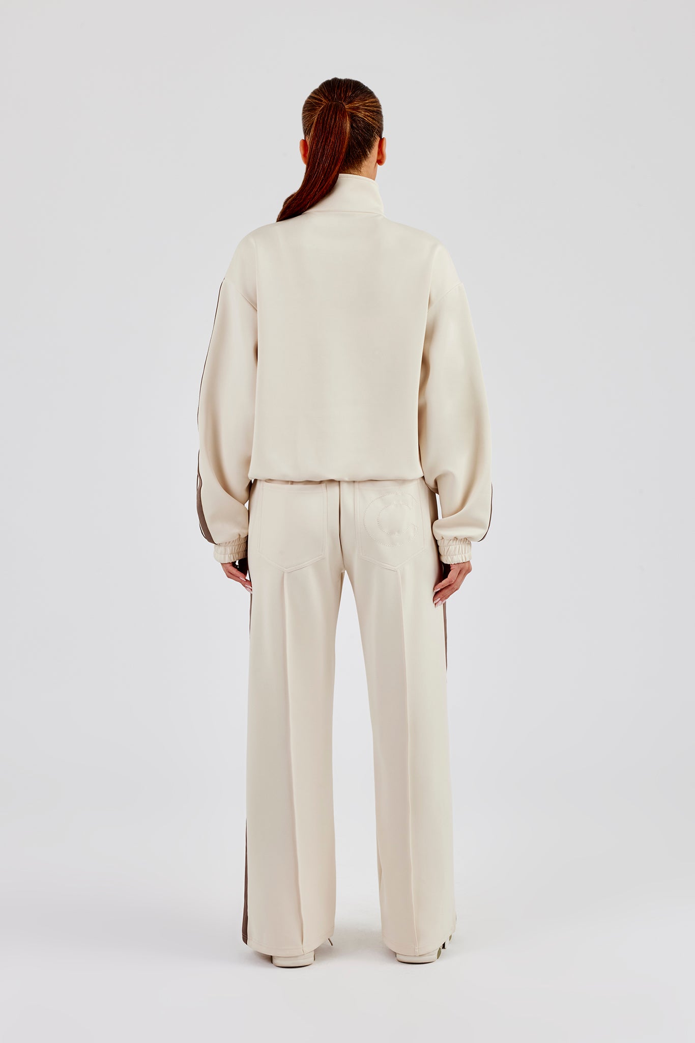 Funnel Neck Taupe Taping Zip Through Track Jacket & Wide Leg Pant - Off White