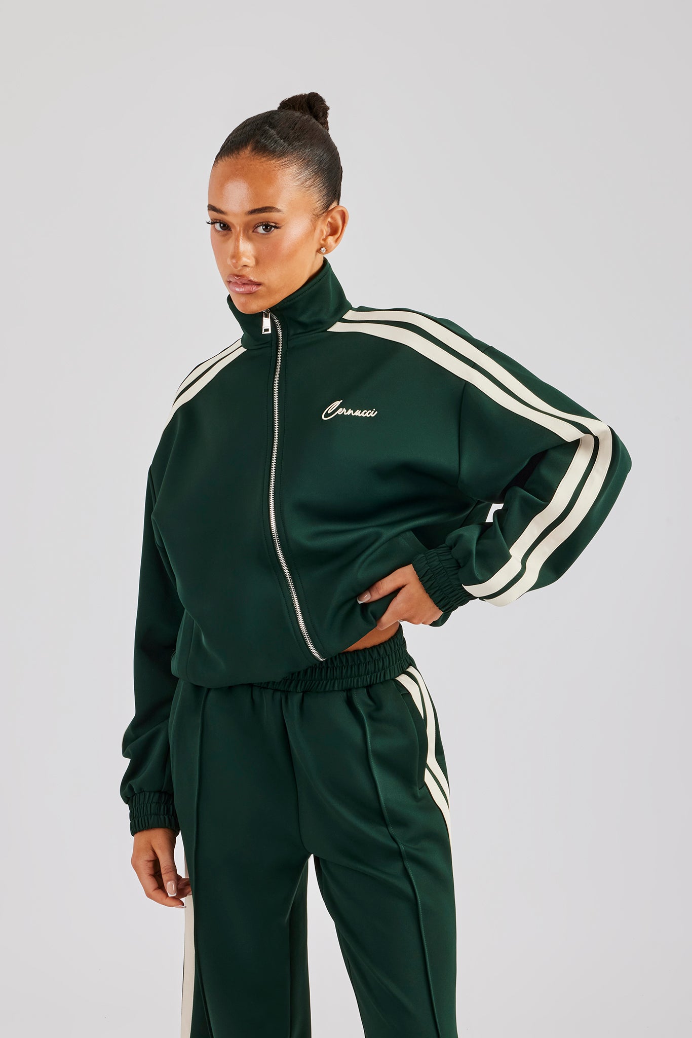  ダークグリーン ジップアップジャージ Funnel Neck Taping Zip Through Track Jacket - Bottle Green