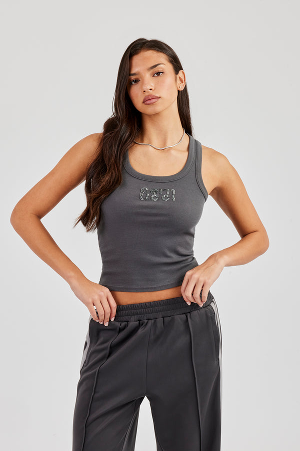 Glitter Applique Rib Scoop Neck Vest - Charcoal