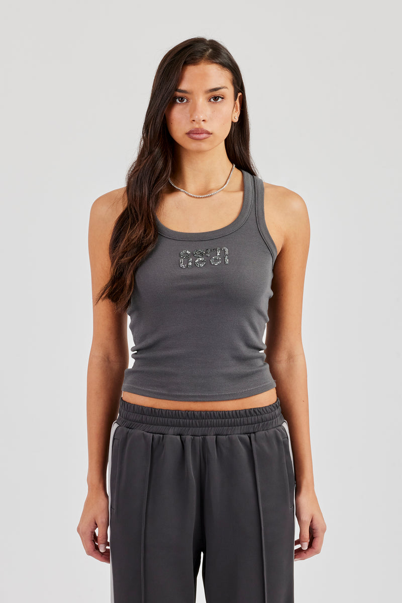 Geripptes Unterhemd mit Glitzerapplikation und U-Ausschnitt - Anthrazit