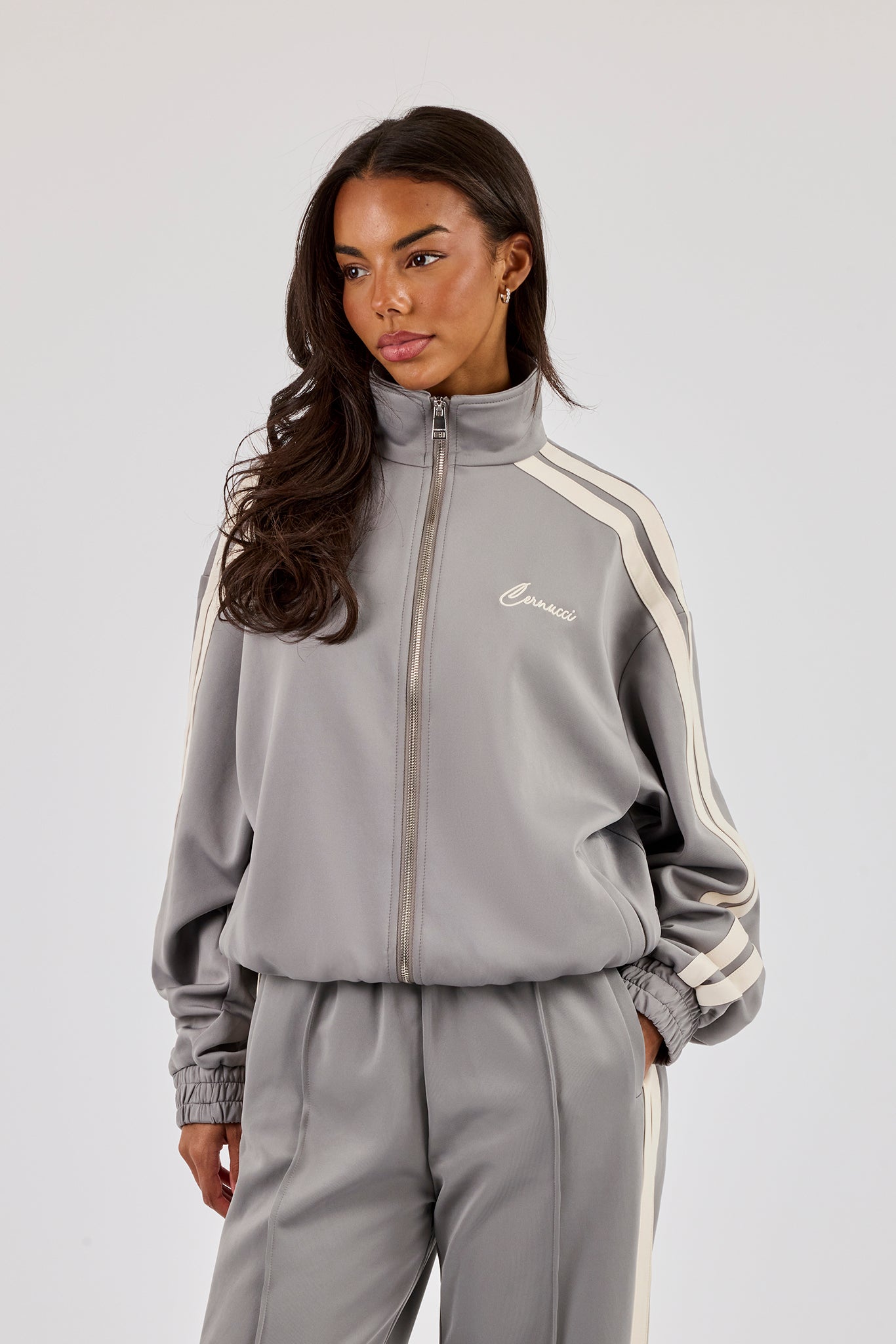 Funnel Neck Taping Zip Through Track Jacket - Grey