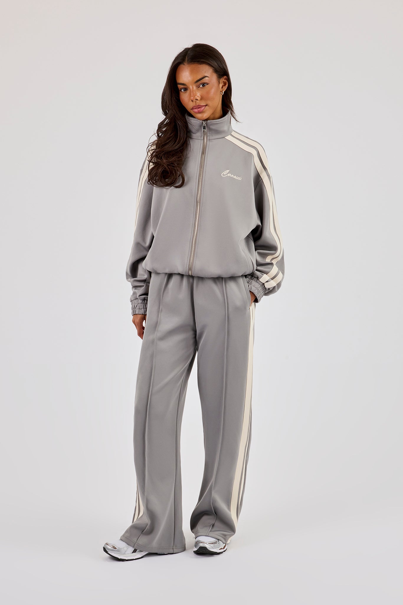 Funnel Neck Taping Zip Through Track Jacket - Grey