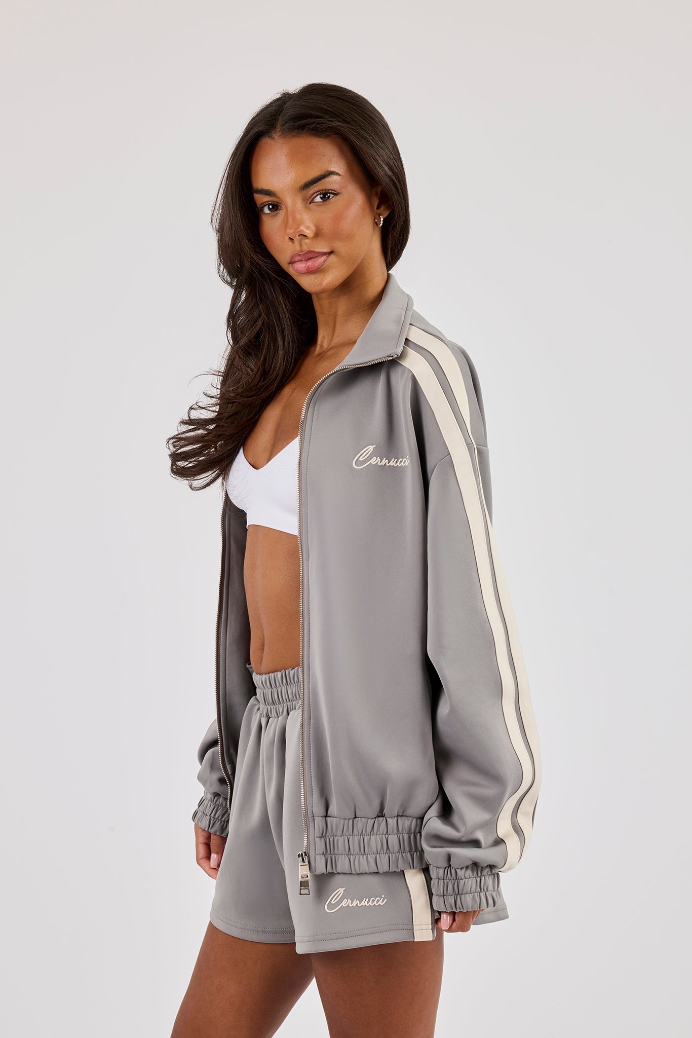 Funnel Neck Taping Zip Through Track Jacket - Grey | Womens