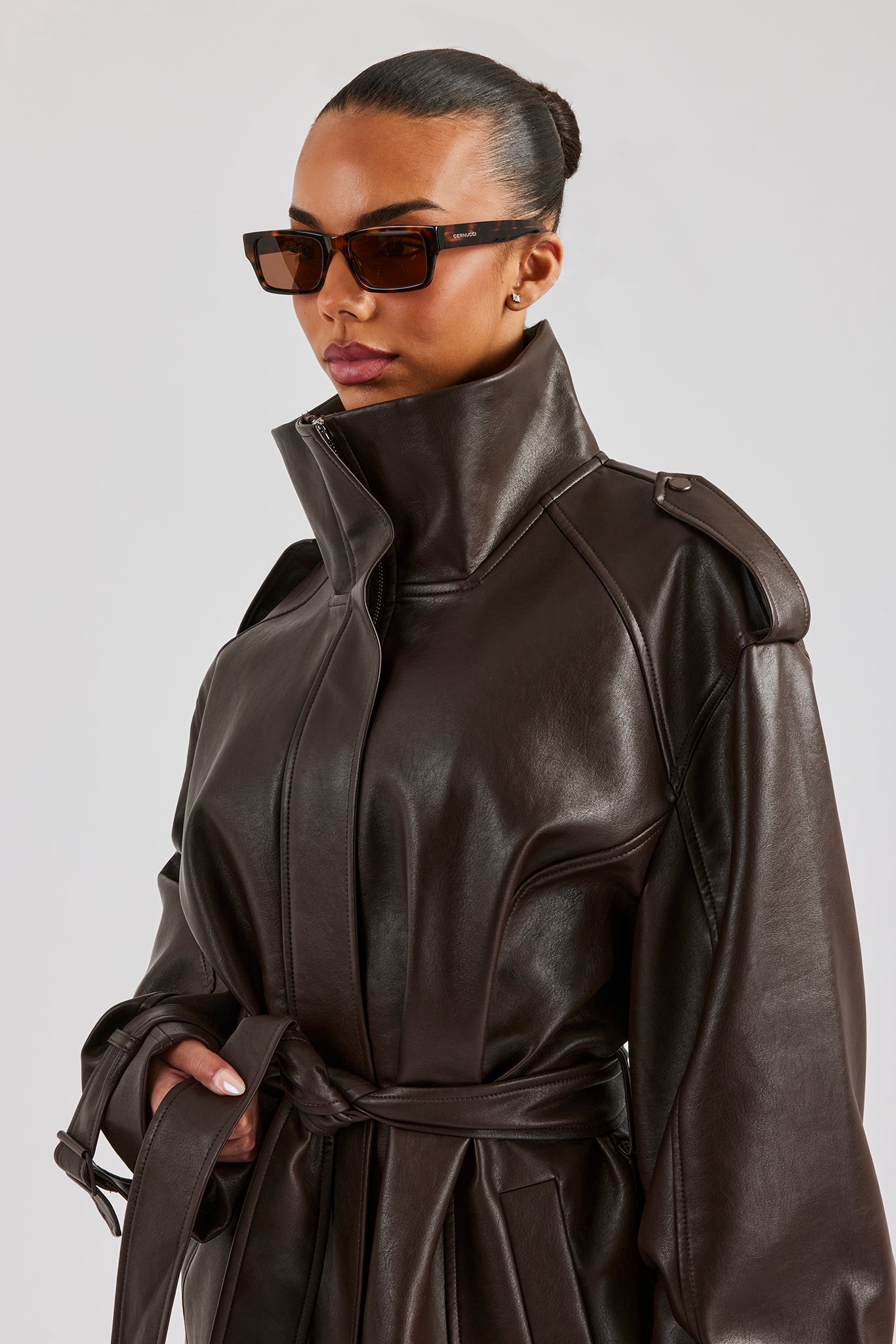 brown leather trench jacket