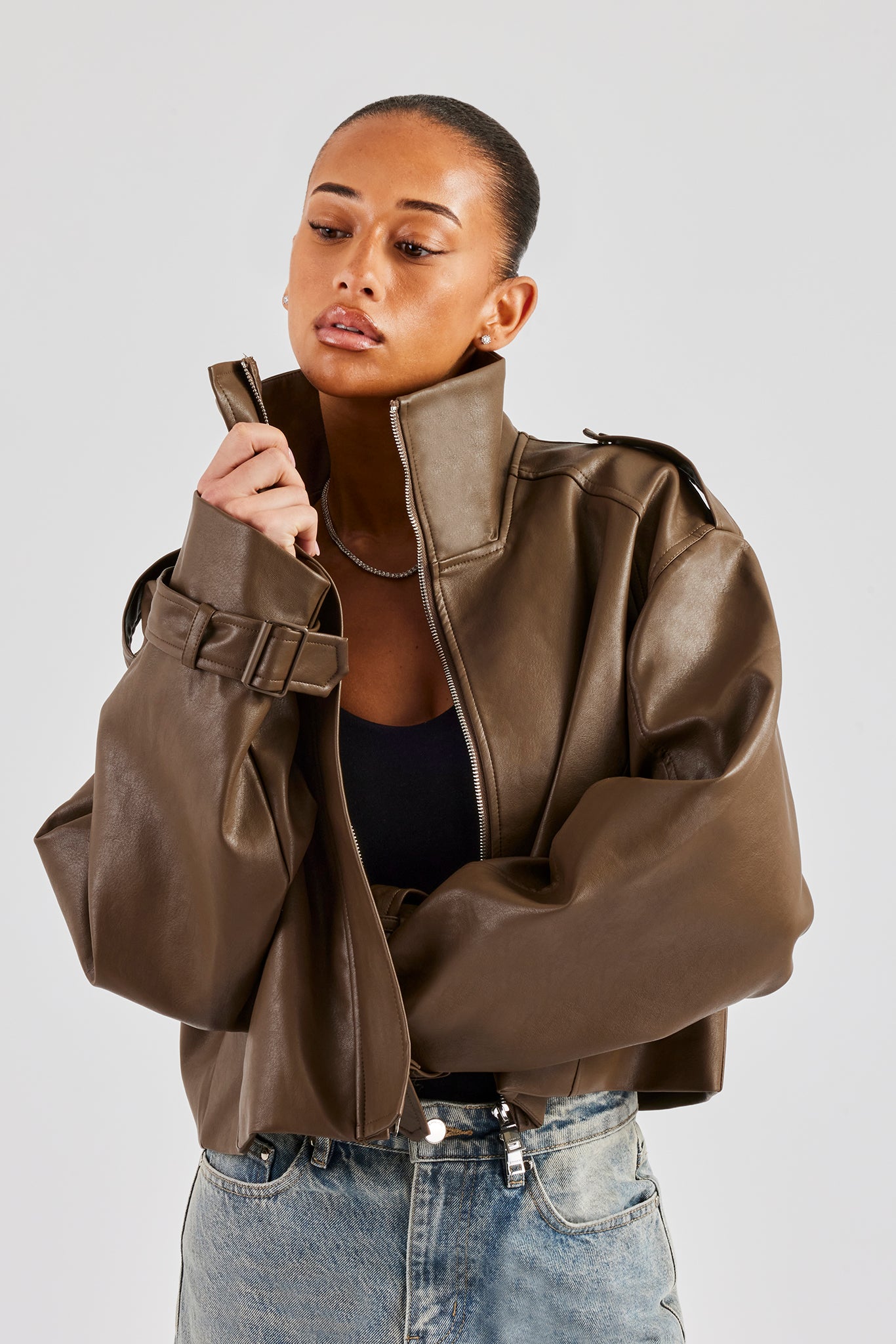 Ladies Cropped Faux Leather Trench Coat - Brown | Womens Outerwear