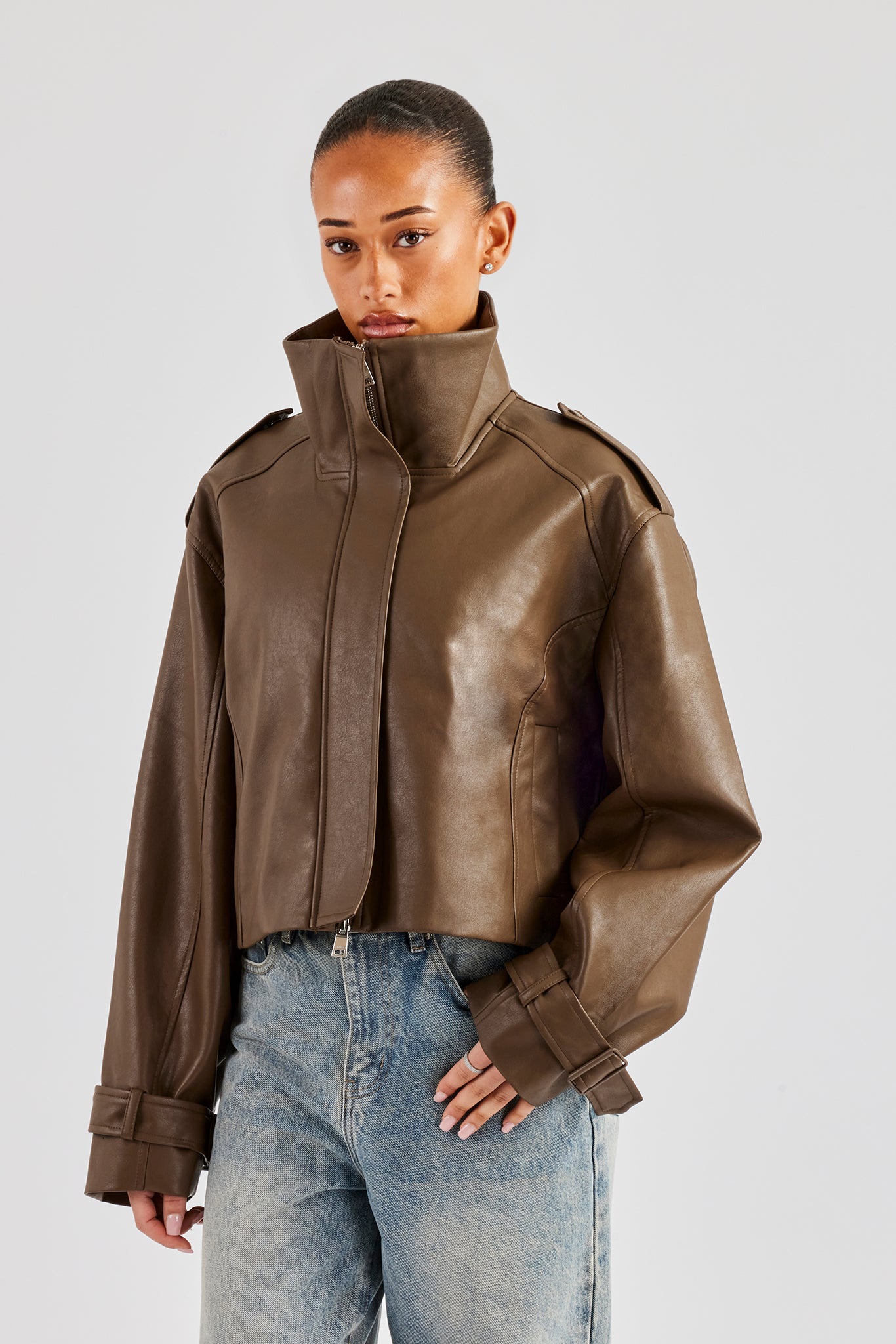 Ladies Cropped Faux Leather Trench Coat - Brown | Womens Outerwear