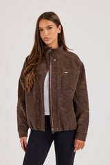 Wildlederjacke mit Trichterkragen – Schokobraun