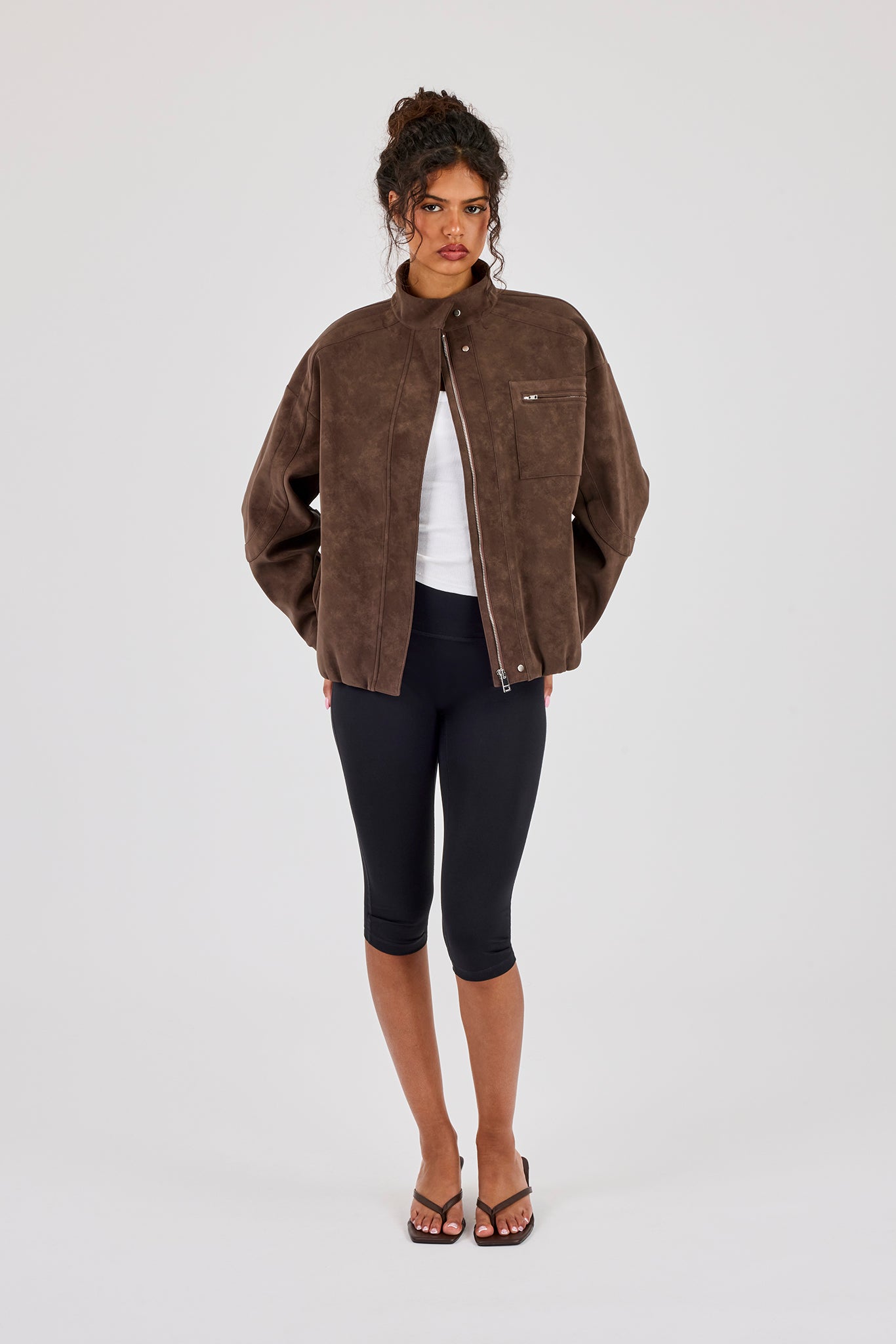 Suede Funnel Neck Jacket - Chocolate