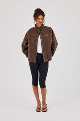 Suede Funnel Neck Jacket - Chocolate