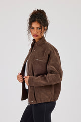 Suede Funnel Neck Jacket - Chocolate