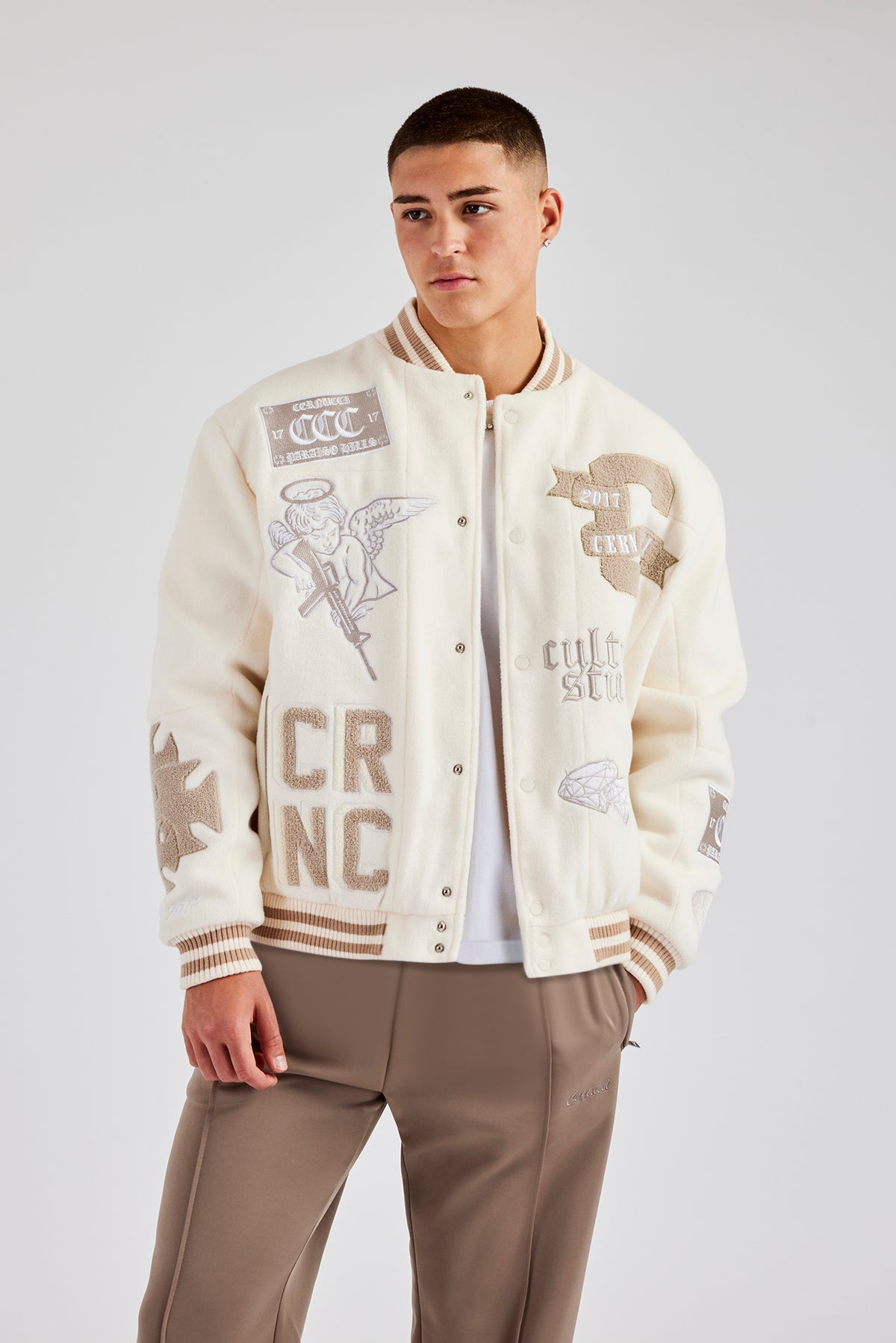 Badge Varsity Bomber Jacket Off White – Cernucci