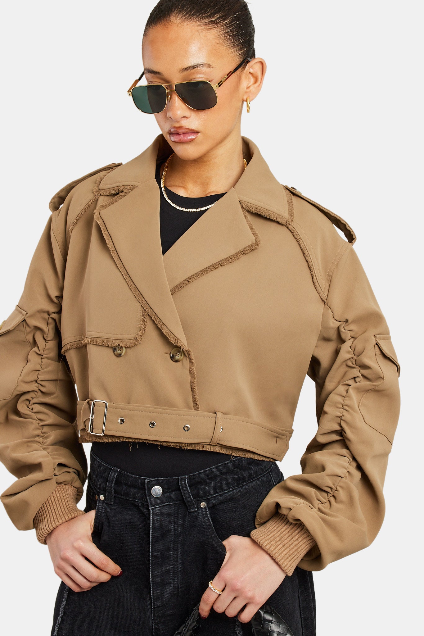 Kurzer Cargo-Trenchcoat für Damen - Beige