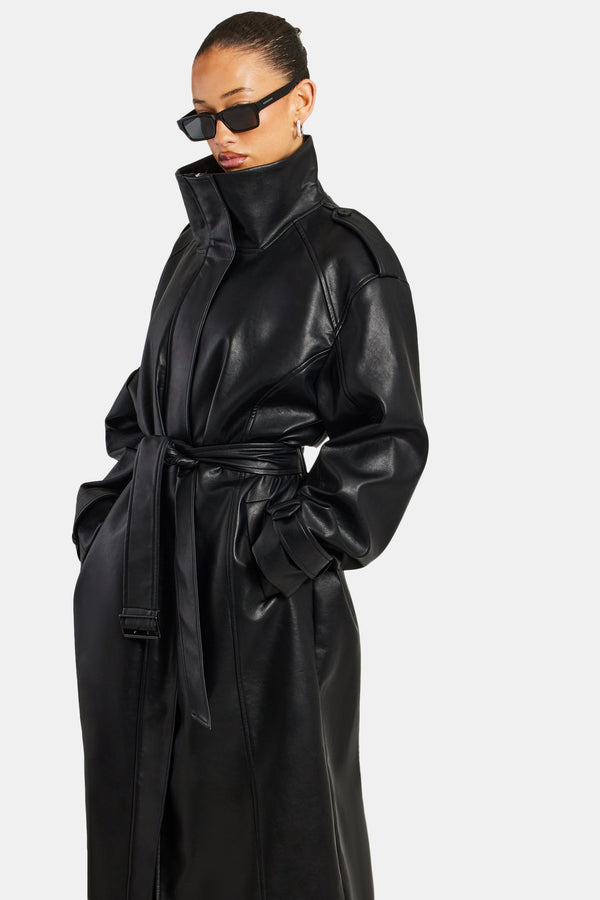 Ladies Faux Leather Trench Coat - Black