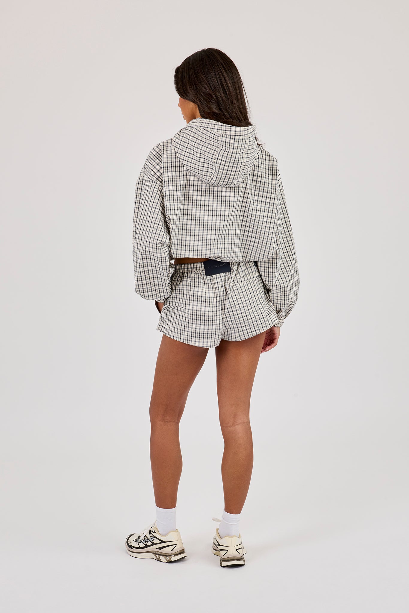 Check Nylon Zip Hooded Jacket & Check Button Short - Off White