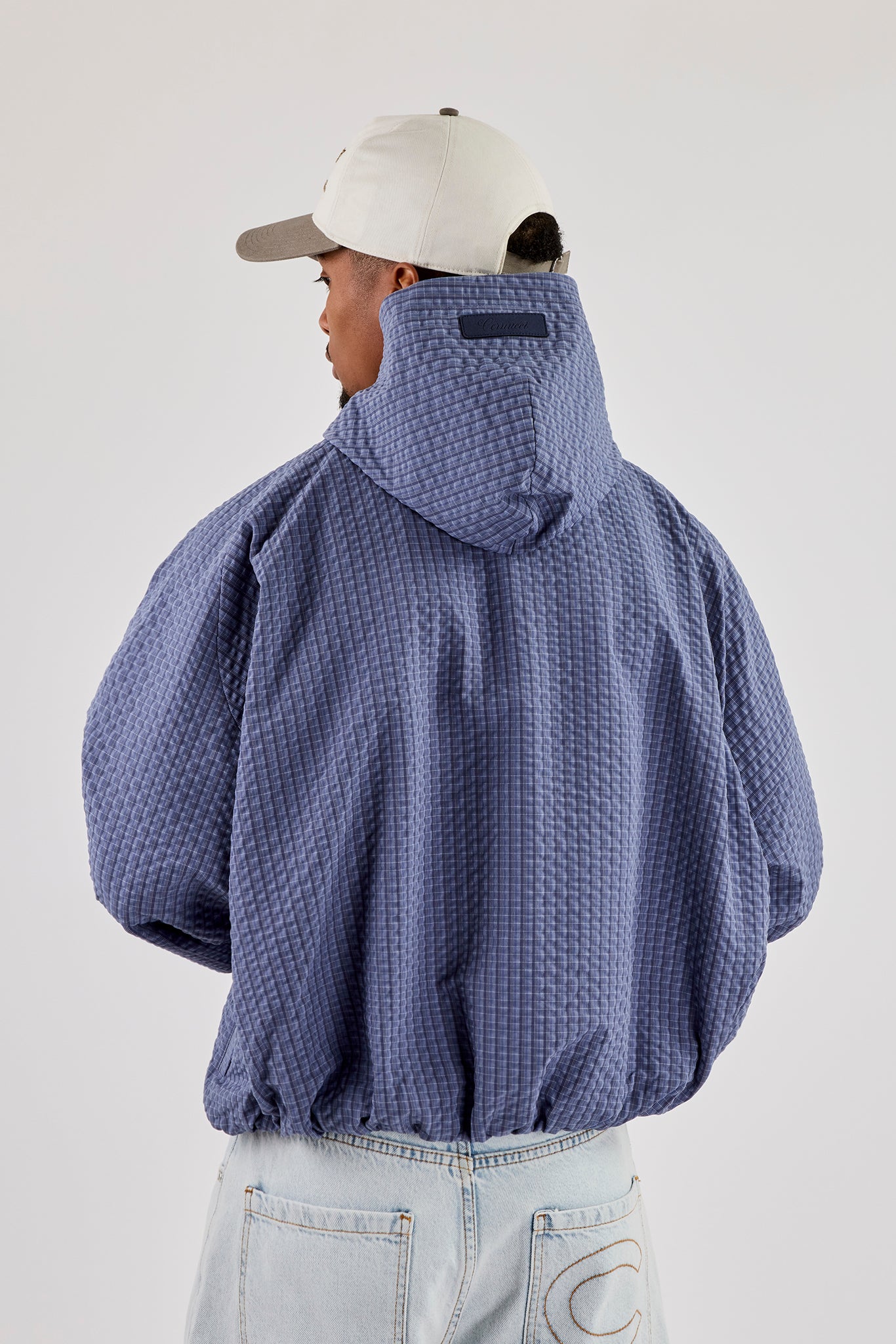 Nylon Check Hooded Windbreaker - Blue