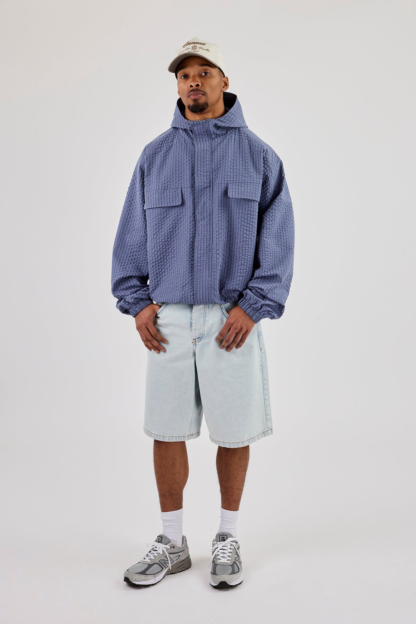Nylon Check Hooded Windbreaker - Blue