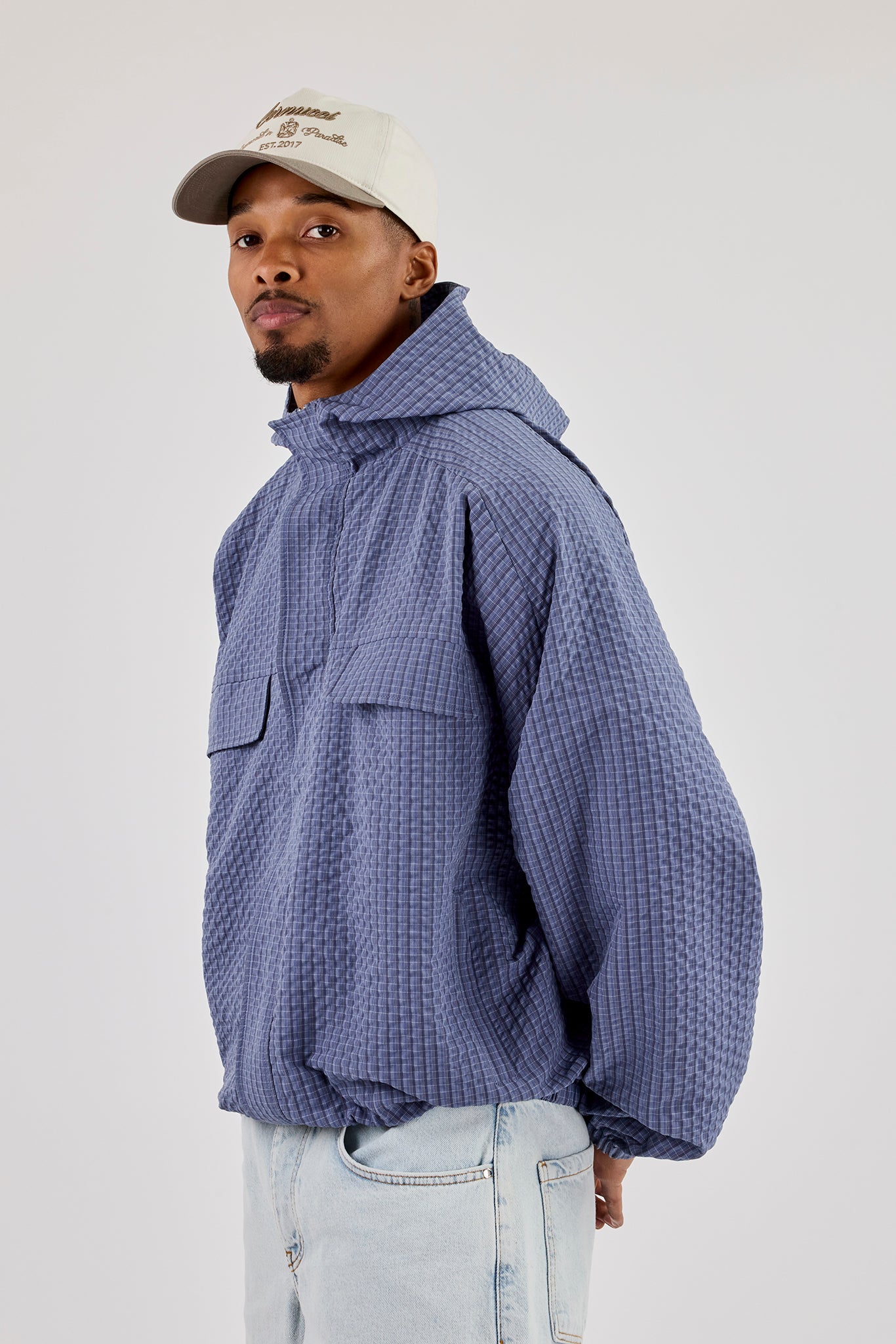 Nylon Check Hooded Windbreaker - Blue