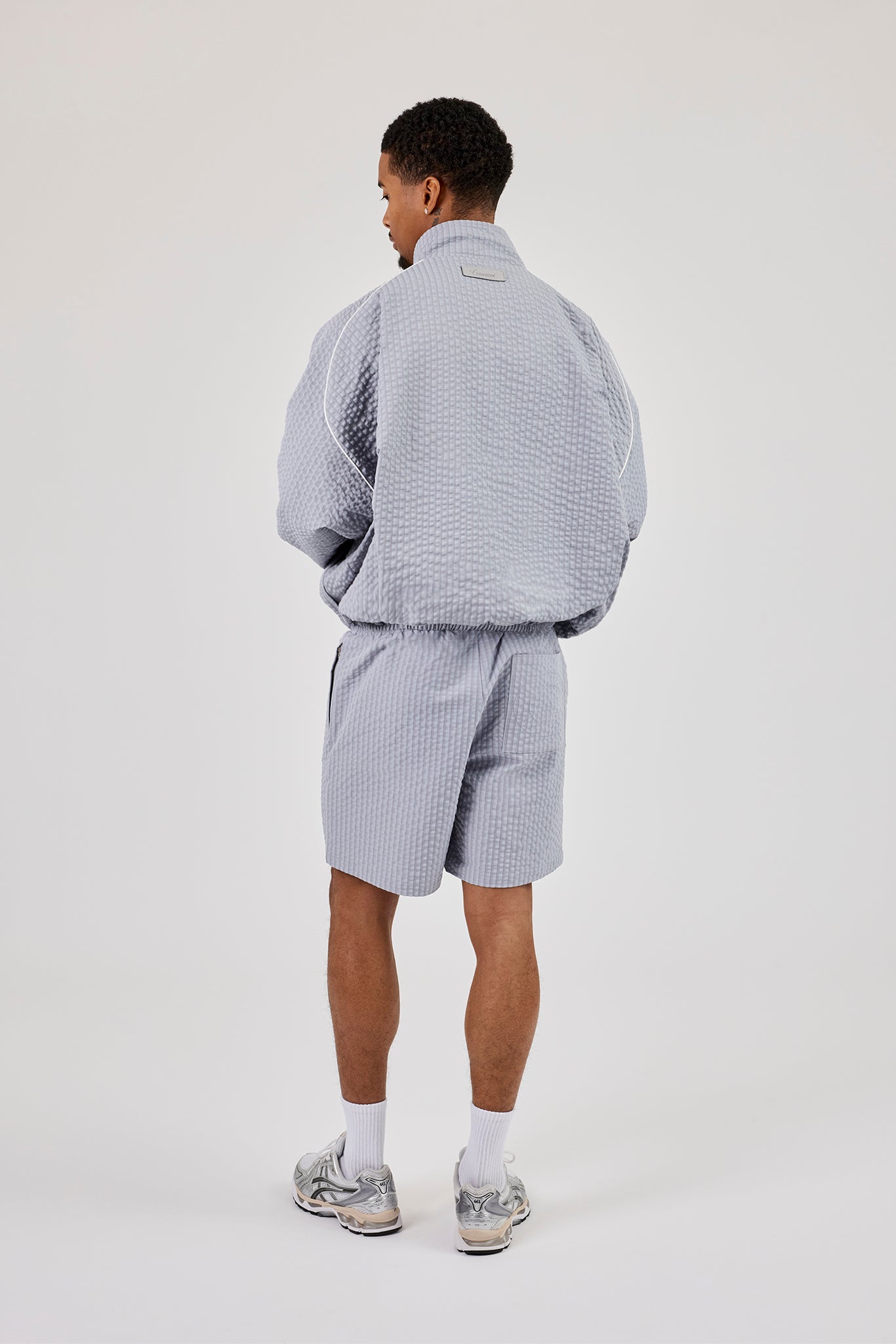 Oversized Nylon Check Funnel Neck Windbreaker & Short - Light Grey