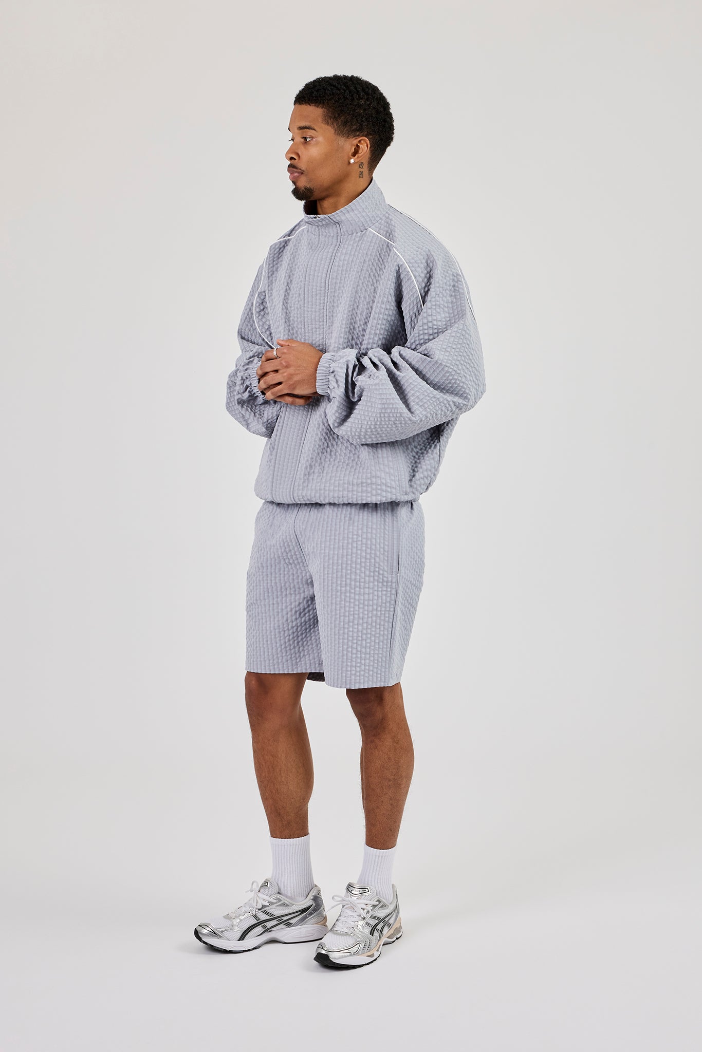 Oversized Nylon Check Funnel Neck Windbreaker & Short - Light Grey