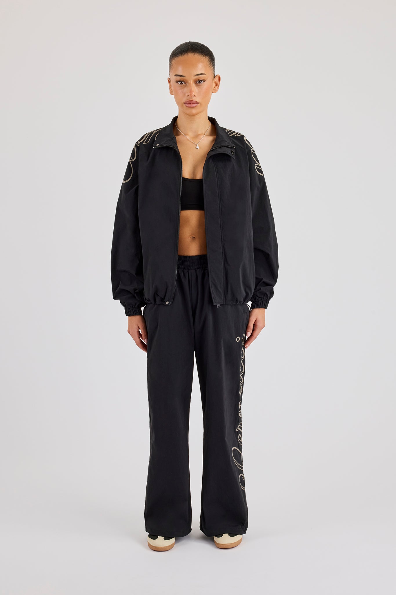 Nylon Branded Track Jacket & Baggy Jogger - Black | Womens Sets