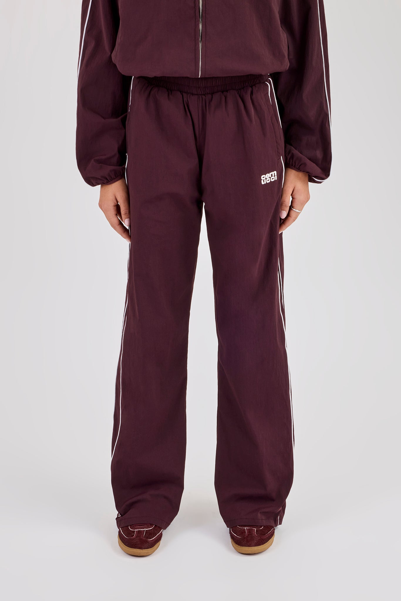 Nylon Piping Wide Leg Track Pant - Burgundy