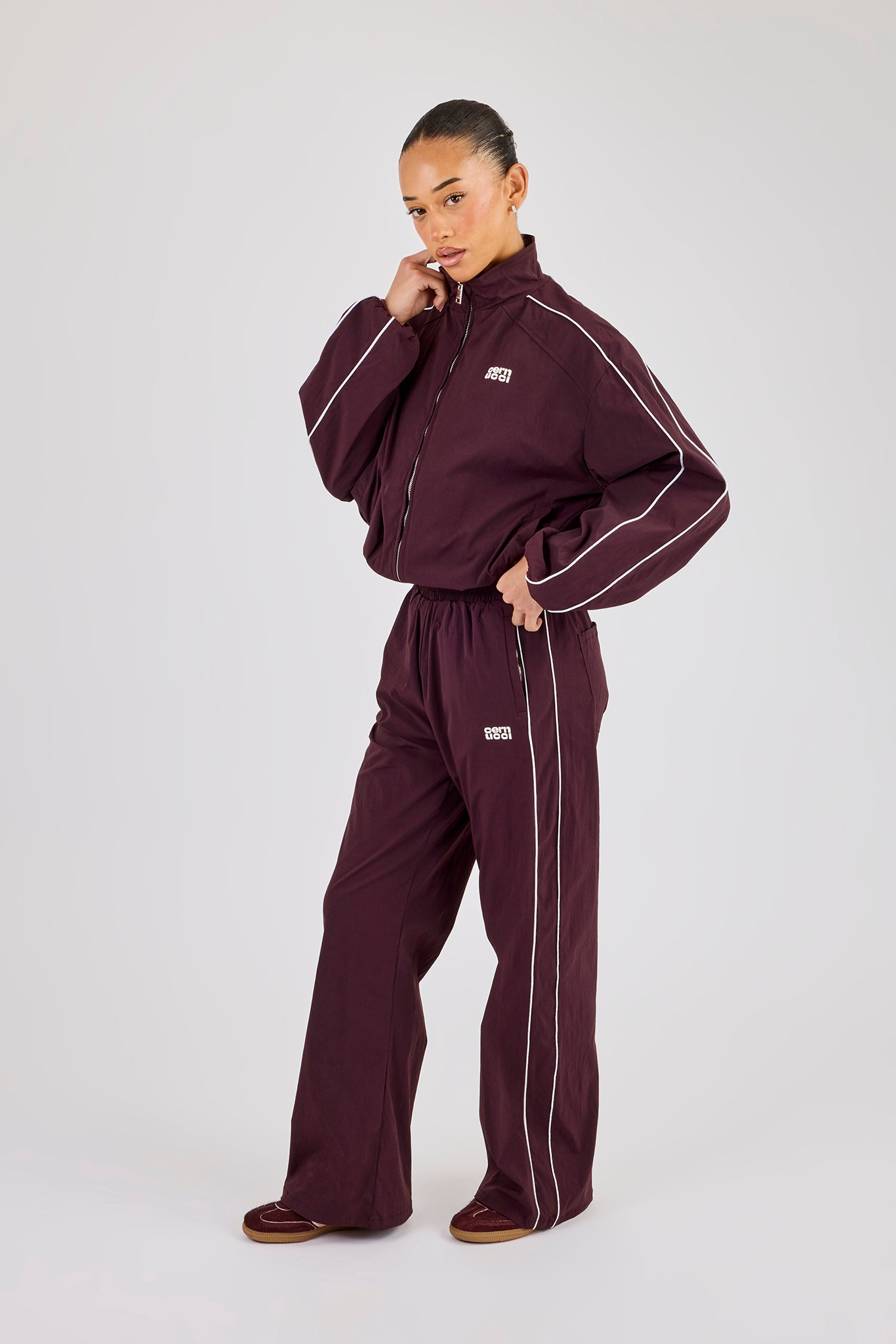 PIPING NYLON TRACK SUIT XLサイズ Nylon Piping Track Jacket & Wide Leg Track Pant - Burgundy